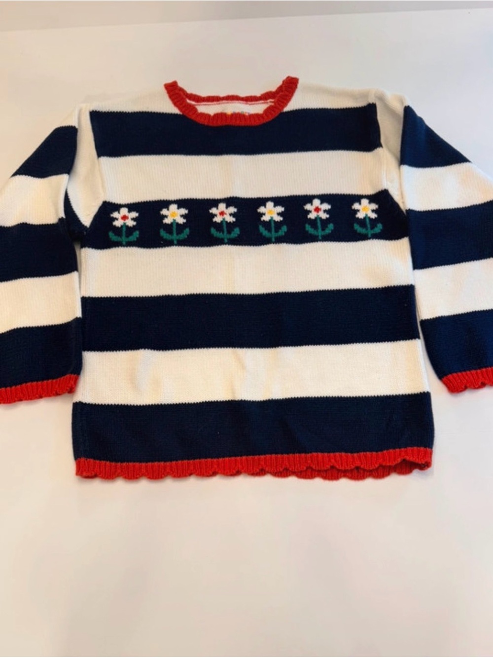 Vintage Gymboree Navy Striped Daisy Sweater Girls XXL 6-7 100% Cotton